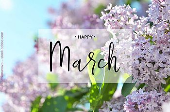 Blütenbild mit Hello-March-Schriftzug