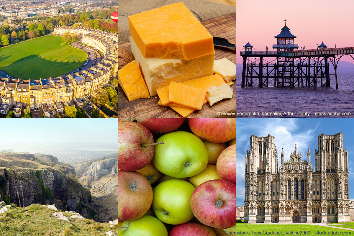 Collage mit sechs verschiedenen Bildern: Royal Crescent in Bath, Cheddar, Pier in Clevedon, Cheddar Gorge, Äpfel, Wells Cathedral